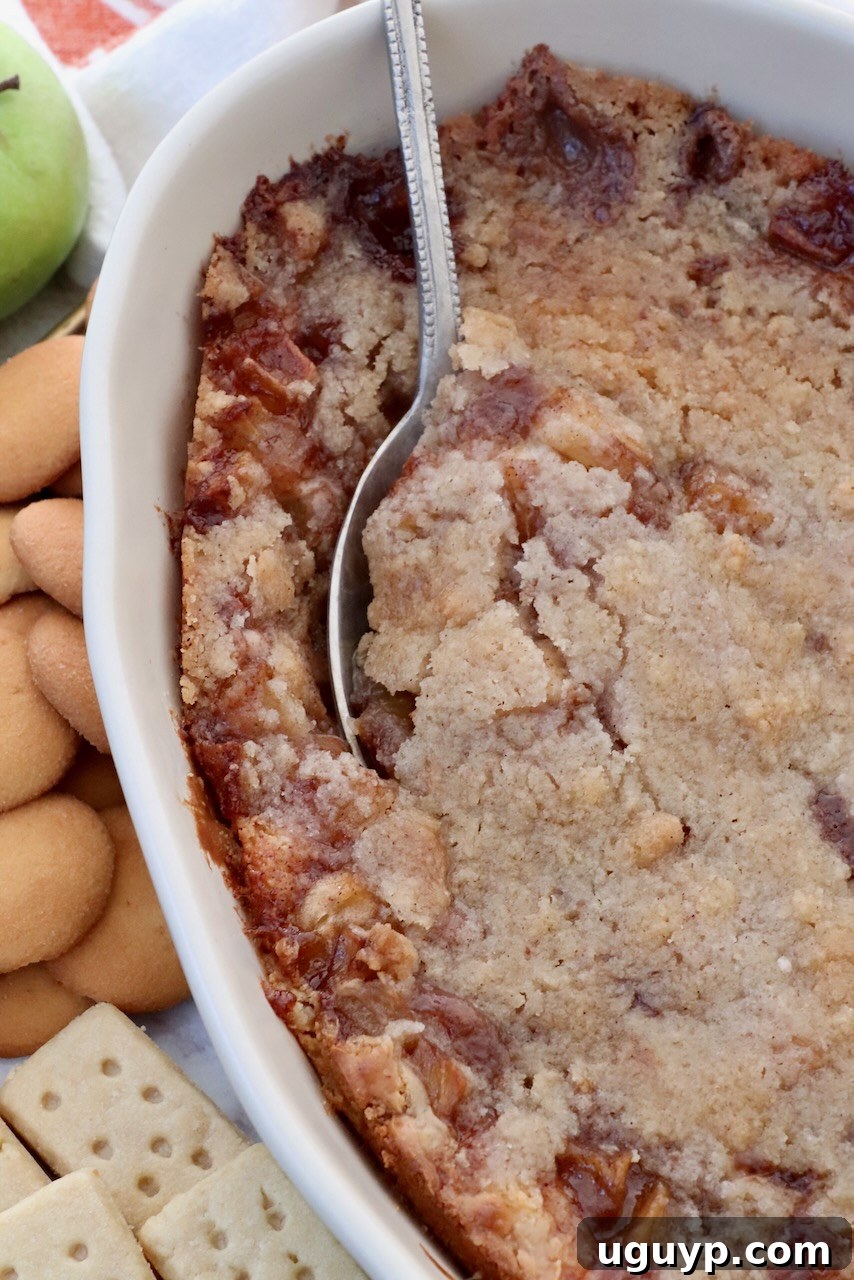 A warm, baked apple pie dip served in a rustic casserole dish with a large serving spoon, ready for guests to enjoy.