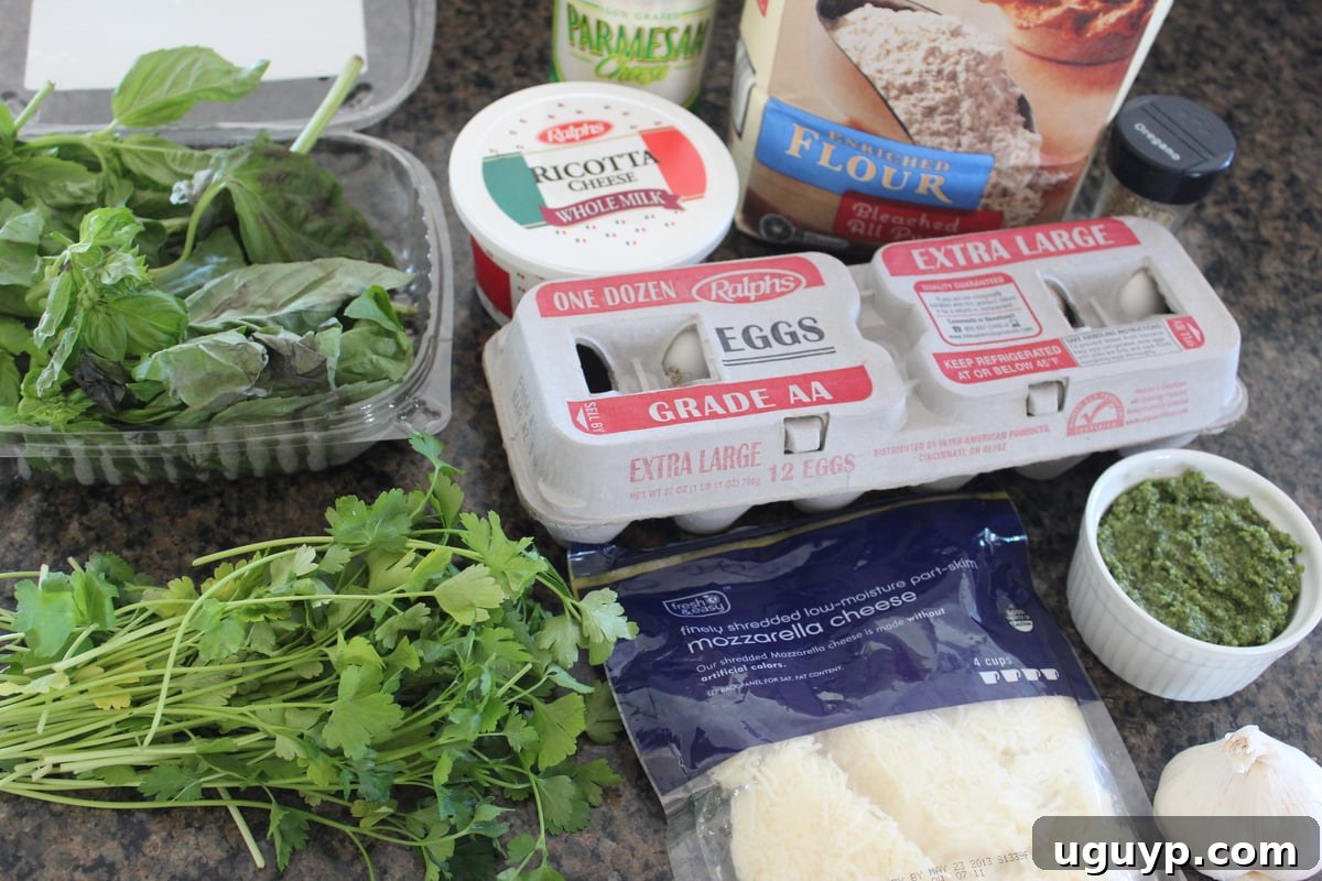 ingredients for green raviolis on a granite countertop