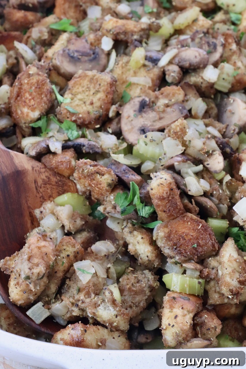 mushroom stuffing in a casserole dish