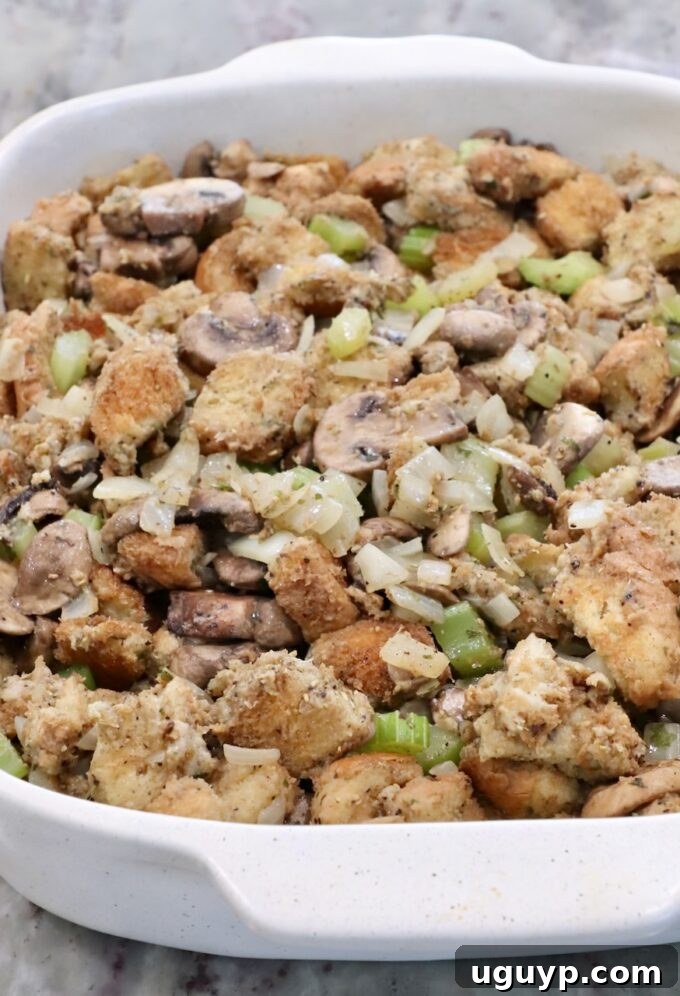 mushroom stuffing in a casserole dish