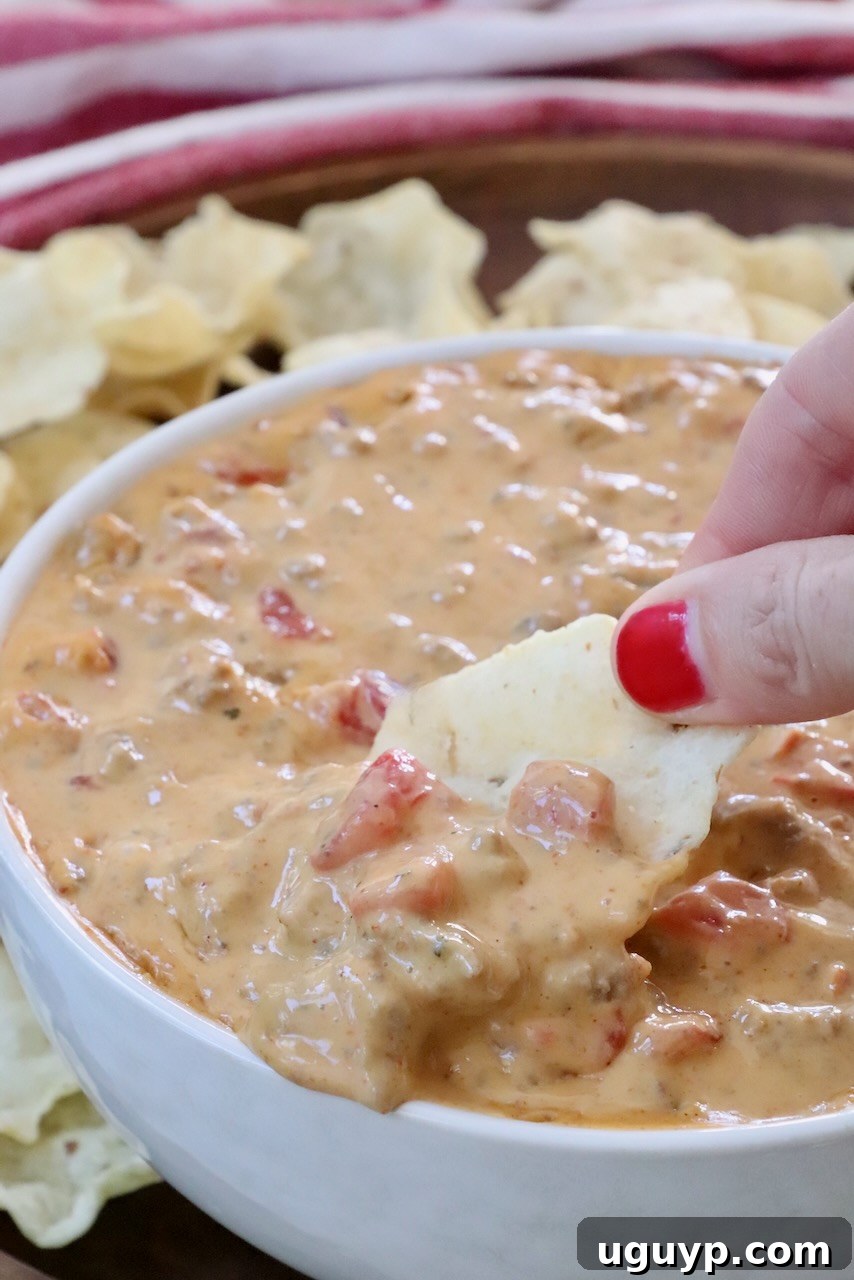 Hand dipping a tortilla chip into Rotel Dip in a bowl, showcasing its creamy texture and deliciousness.