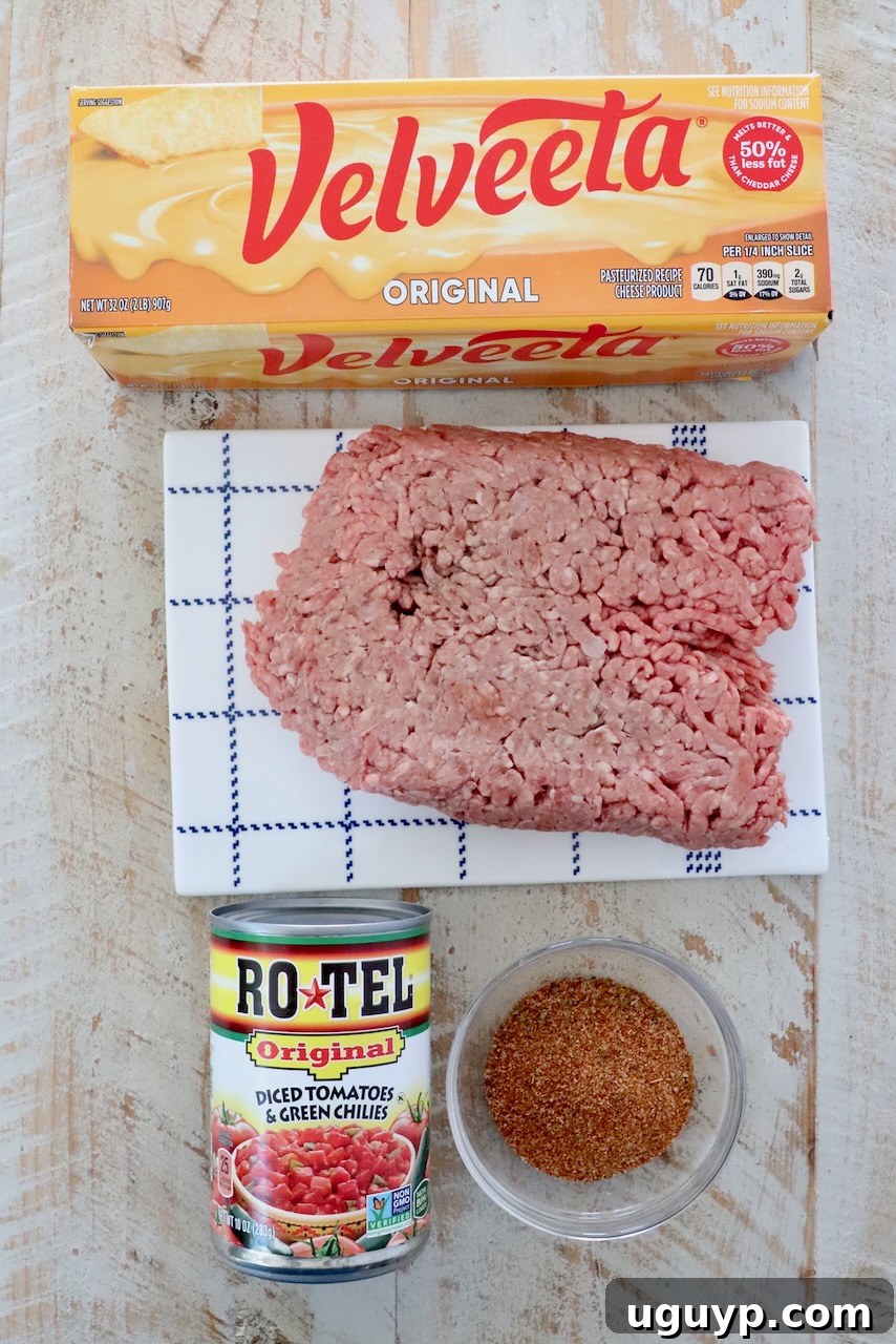 Ingredients for Rotel Dip laid out on a white wooden board, showing ground beef, Velveeta, Rotel, and taco seasoning.