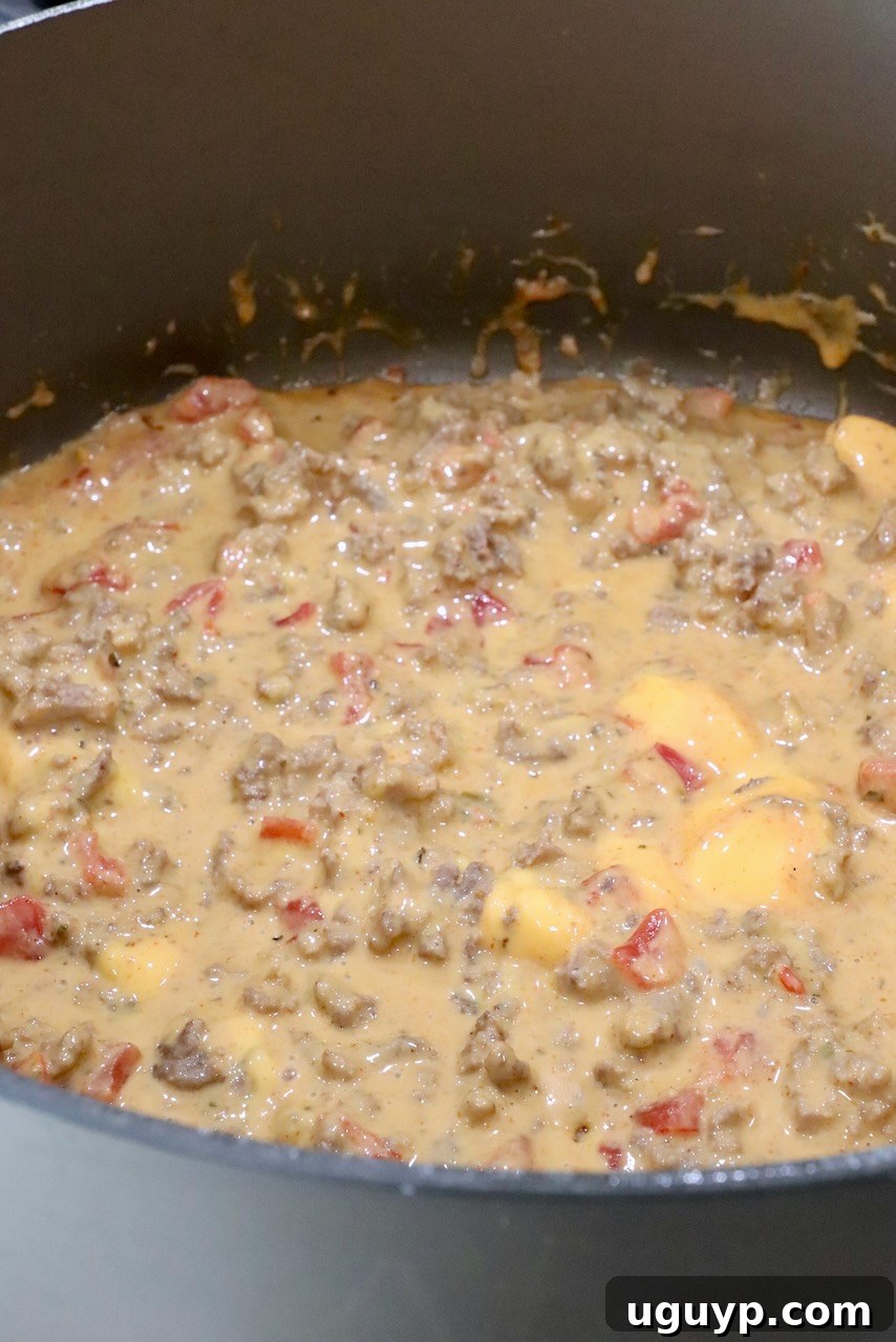 Velvetta Rotel Dip simmering in a large pot on the stove, showing its smooth, melty consistency.