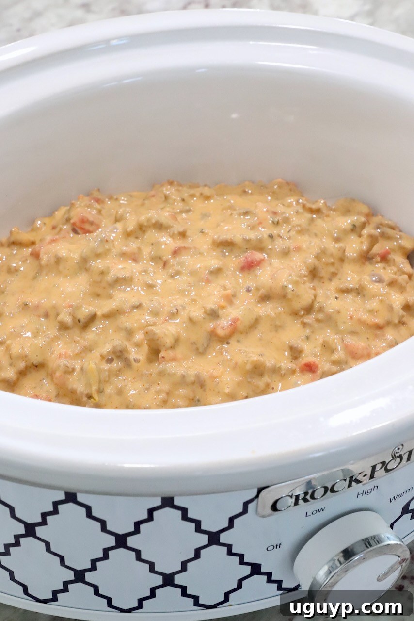 Velvetta Rotel Dip in a small Crock Pot, keeping warm for a party.