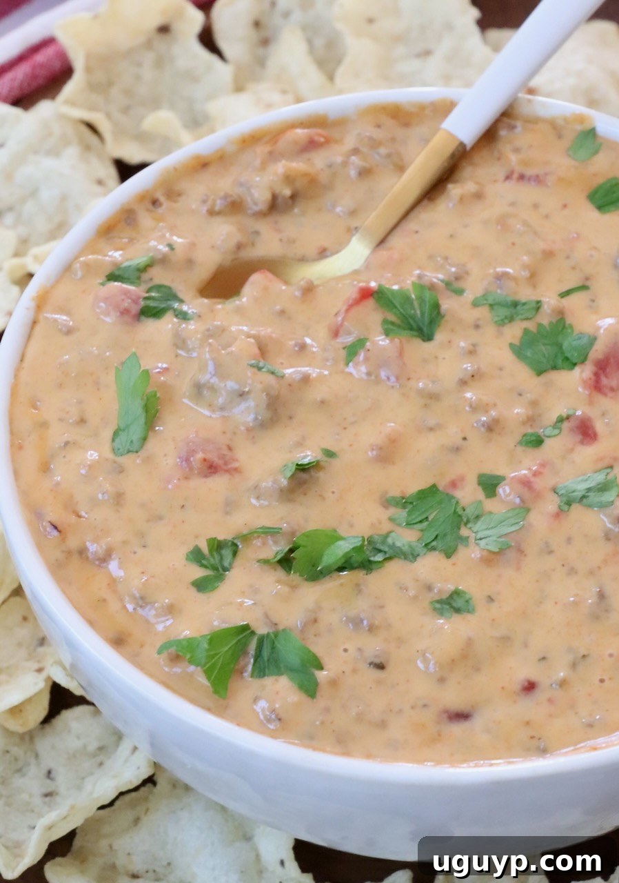 Rotel Queso Dip in a bowl with a spoon, ready to be served.