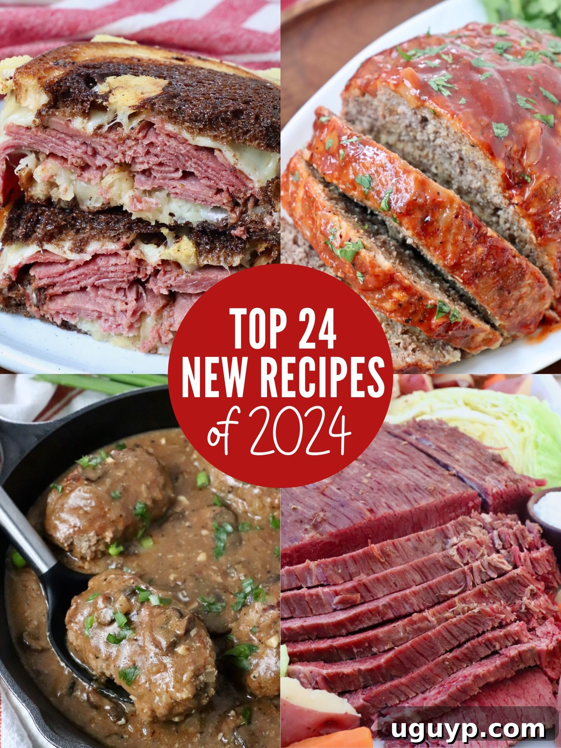 A vibrant collage featuring diverse popular recipes from WhitneyBond.com, showcasing dishes like Salisbury steak, corned beef, ribs, and sandwiches.