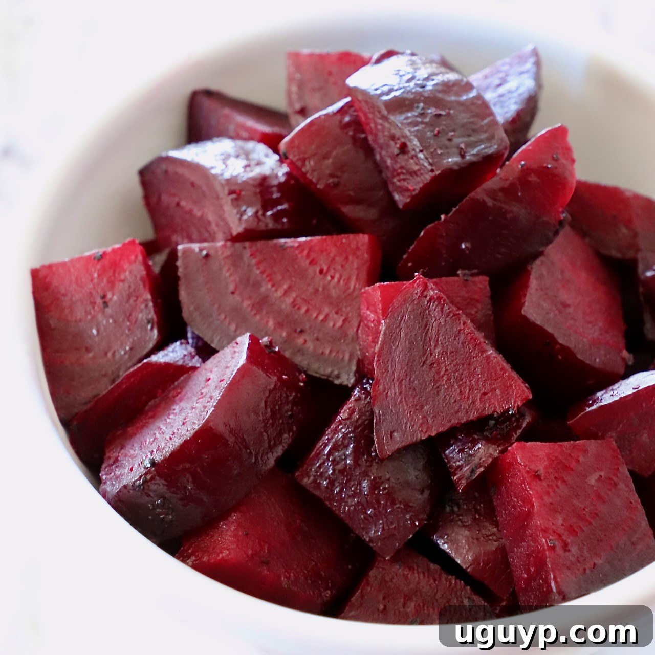 Cooked diced beets in a bowl