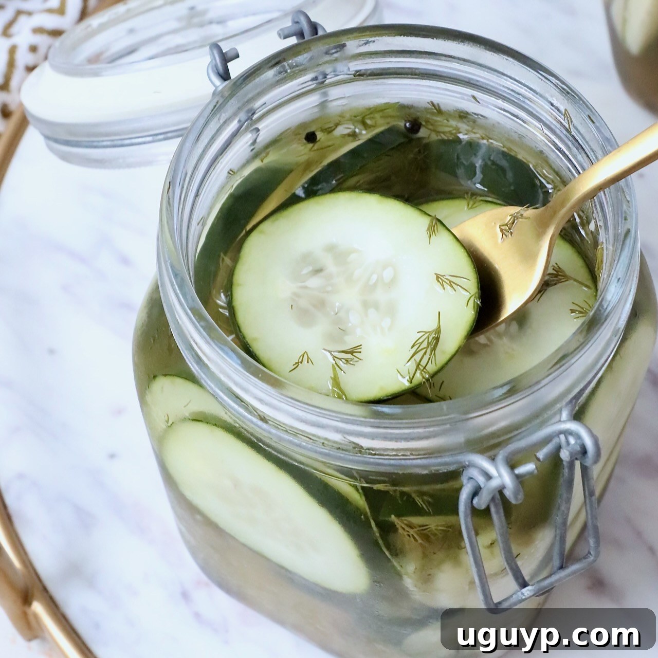 Pickle chips in a glass jar with a fork