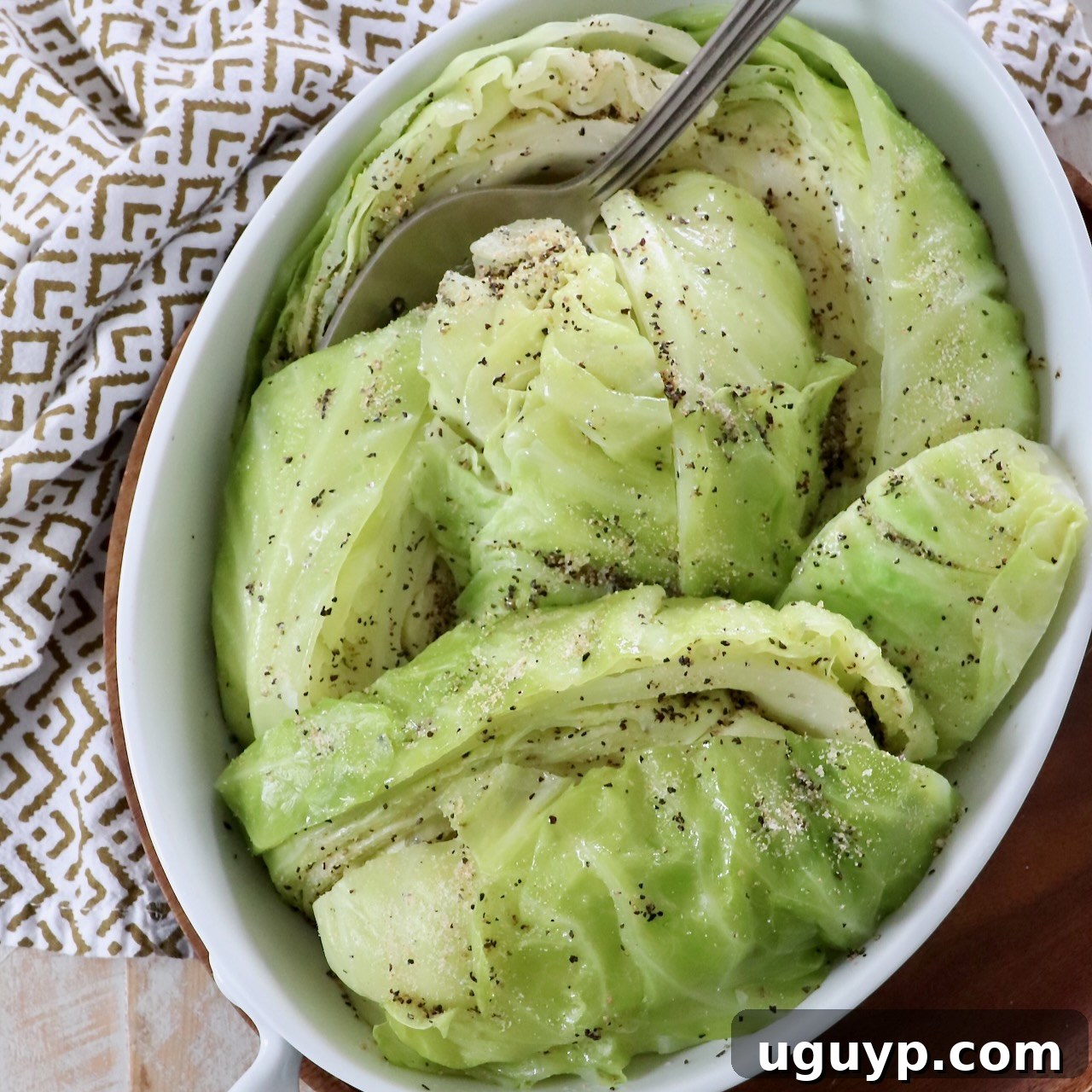 Steamed cabbage in a serving dish