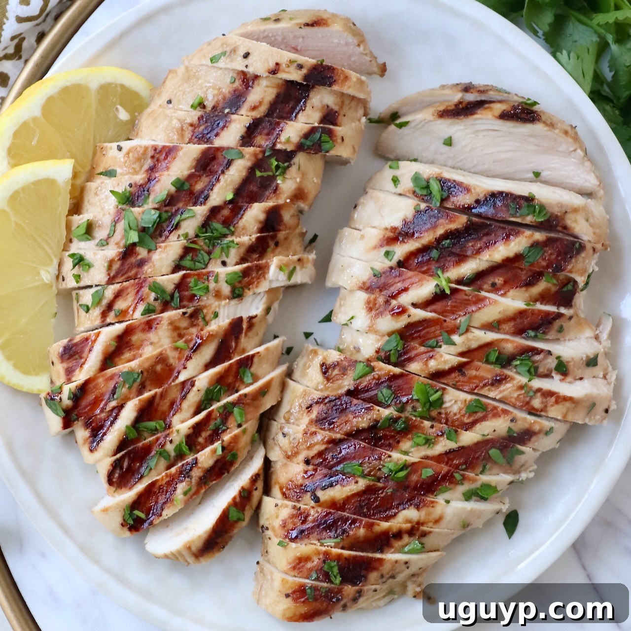 Sliced grilled chicken on a plate with lemon wedges, showing chicken marinade