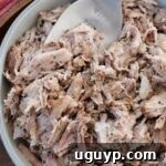 A bowl of oven roasted pulled pork with a serving fork, ready to be enjoyed.