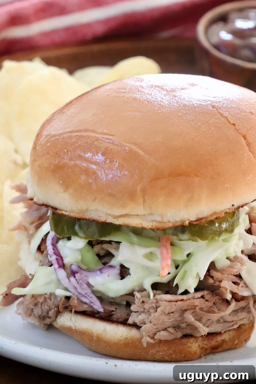 A classic pulled pork sandwich topped with creamy coleslaw on a plate.
