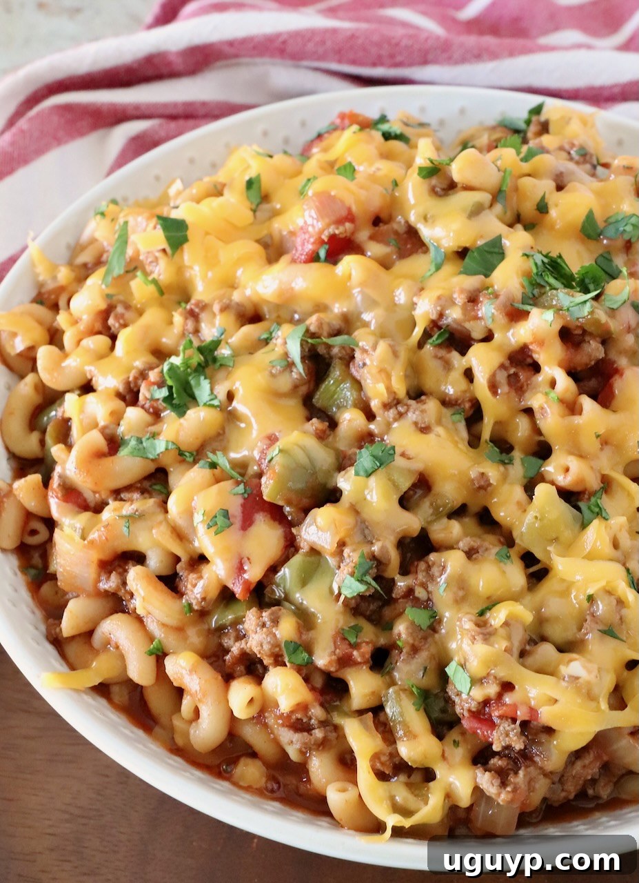 prepared goulash in a bowl topped with cheddar cheese, ready to eat
