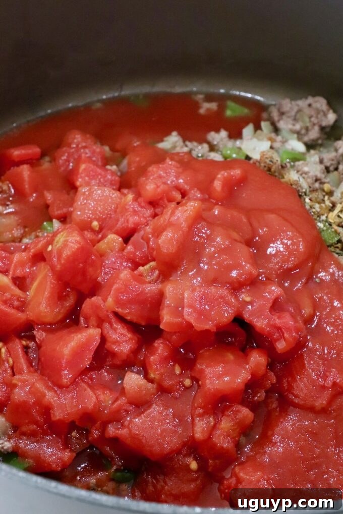 diced tomatoes and tomato sauce added to a large pot with cooked, seasoned ground beef