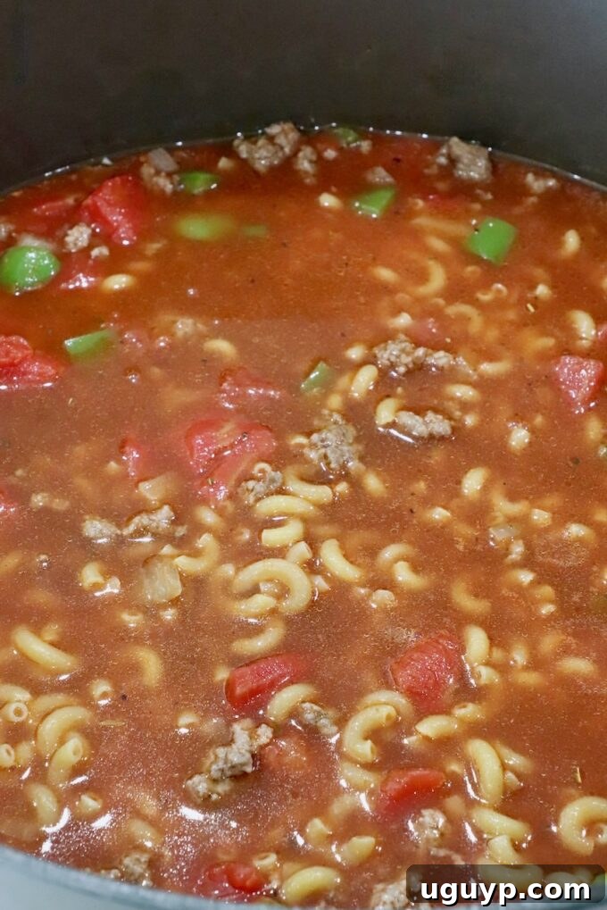 noodles, ground beef, and vegetables simmering in beef broth and tomato sauce in a large pot