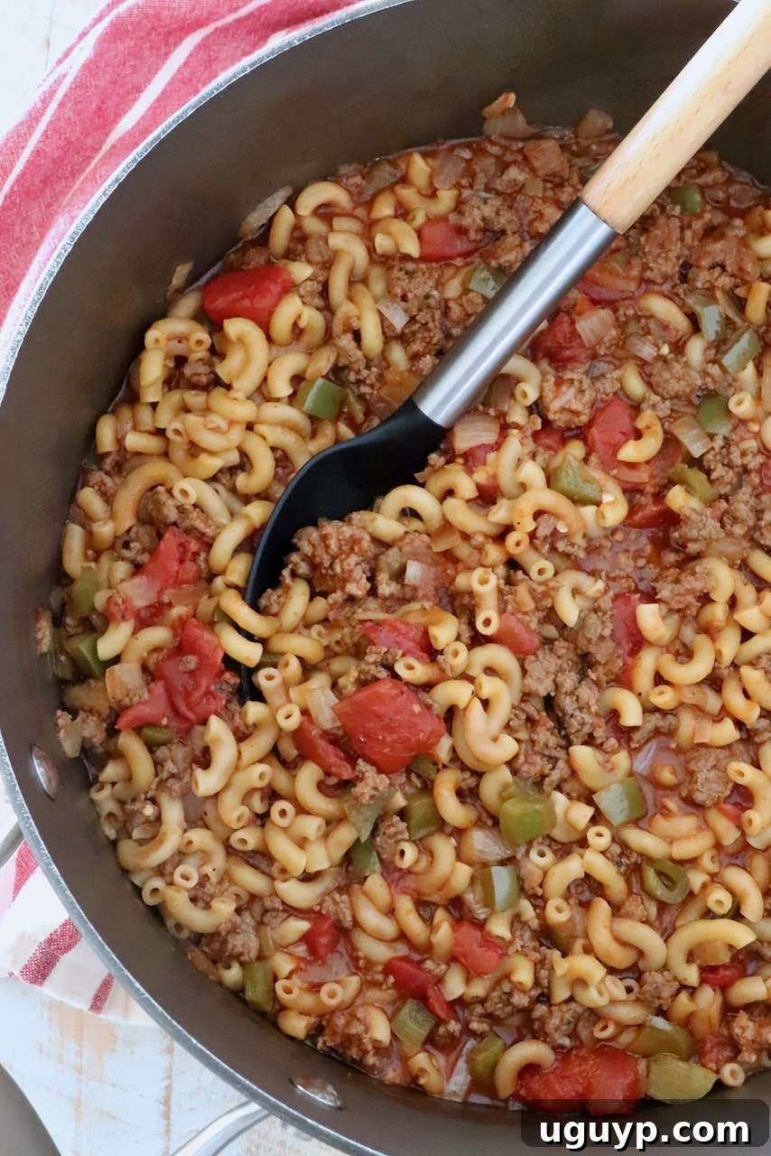 ground beef goulash in a pot with a serving spoon, freshly cooked