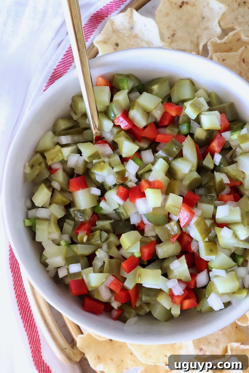 pickle de gallo in a bowl with a spoon surrounded by tortilla chips