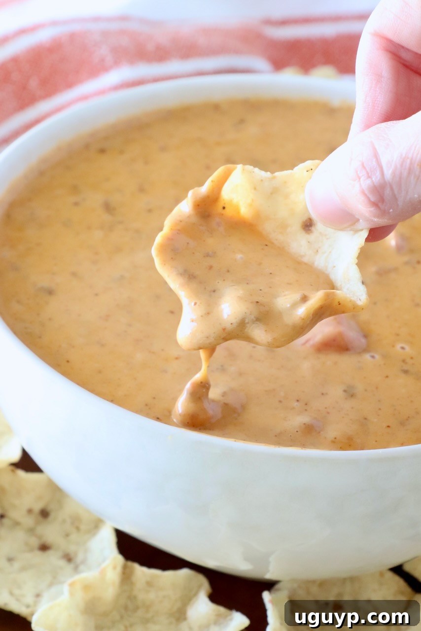 Hand dipping a tortilla chip into a bowl of creamy, hot chili cheese dip