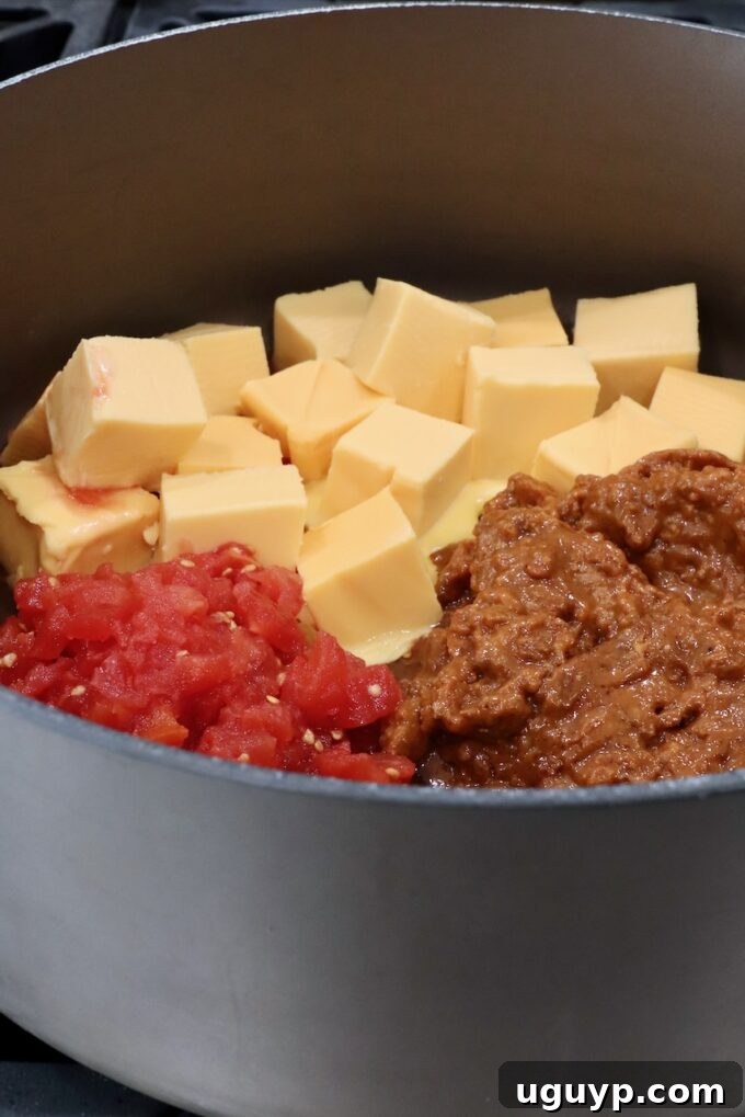 Cubed Velveeta cheese, diced tomatoes, and canned chili placed in a large pot, ready for heating.