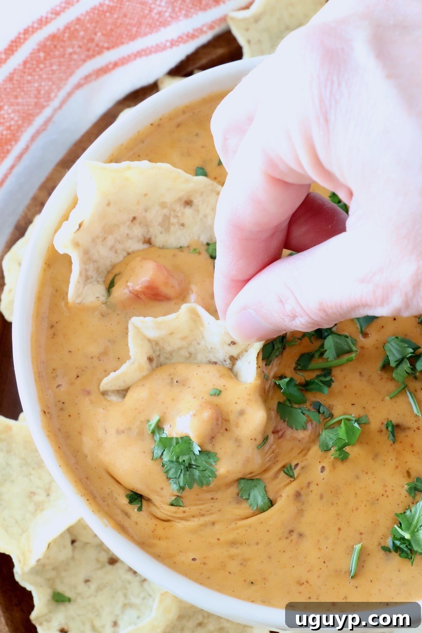 Hand dipping a chip in a bowl of chili cheese dip, showing the rich texture.