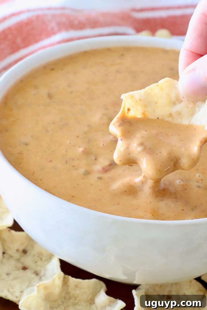 Hand scooping a tortilla chip into a bowl of chili cheese dip, garnished with cilantro.
