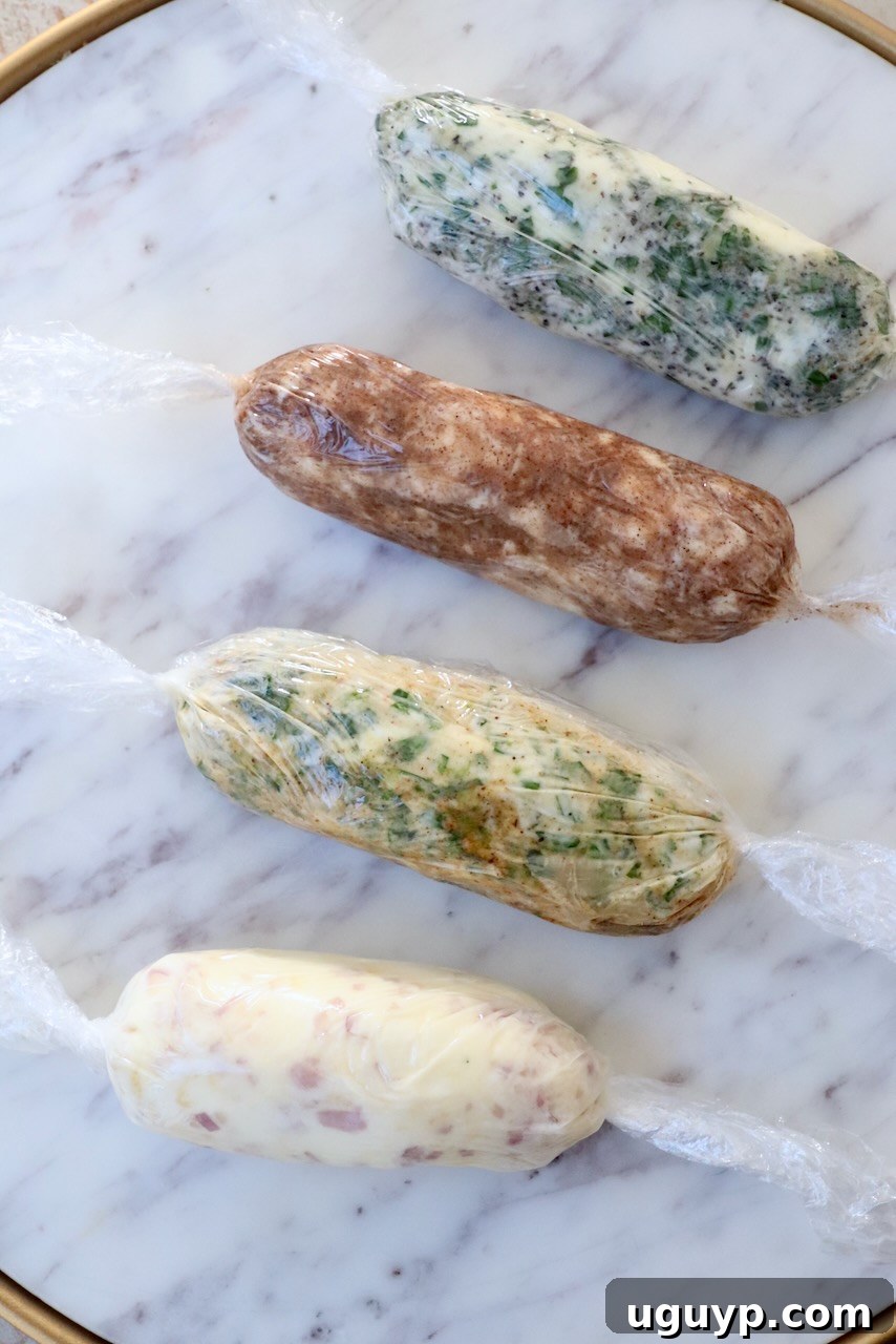 different types of compound butter wrapped up in plastic wrap on a marble serving tray