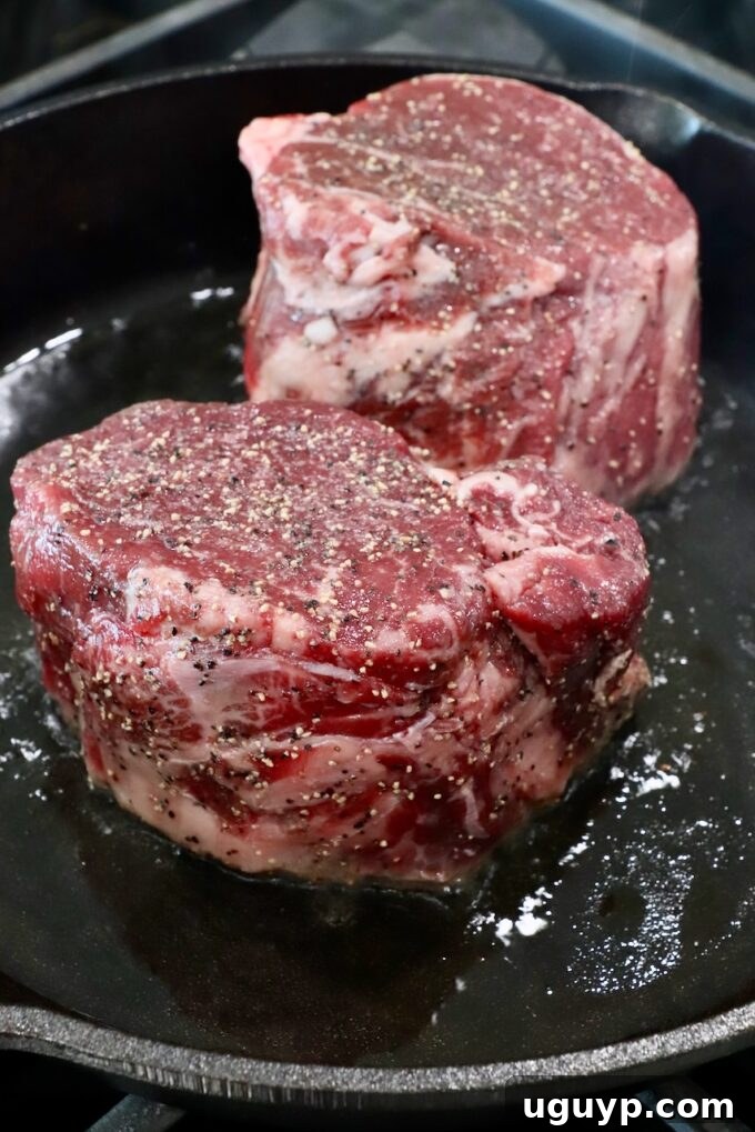 Two seasoned filet mignon steaks ready for searing in a cast iron skillet on a stove.