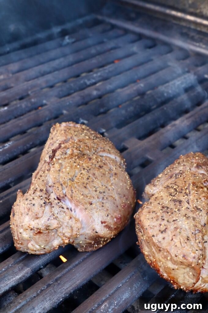 Seasoned filet mignon steaks placed directly on a hot grill, ready for cooking.