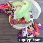 Blackened Ahi Tuna Burger with Red Pepper Slaw and Avocado