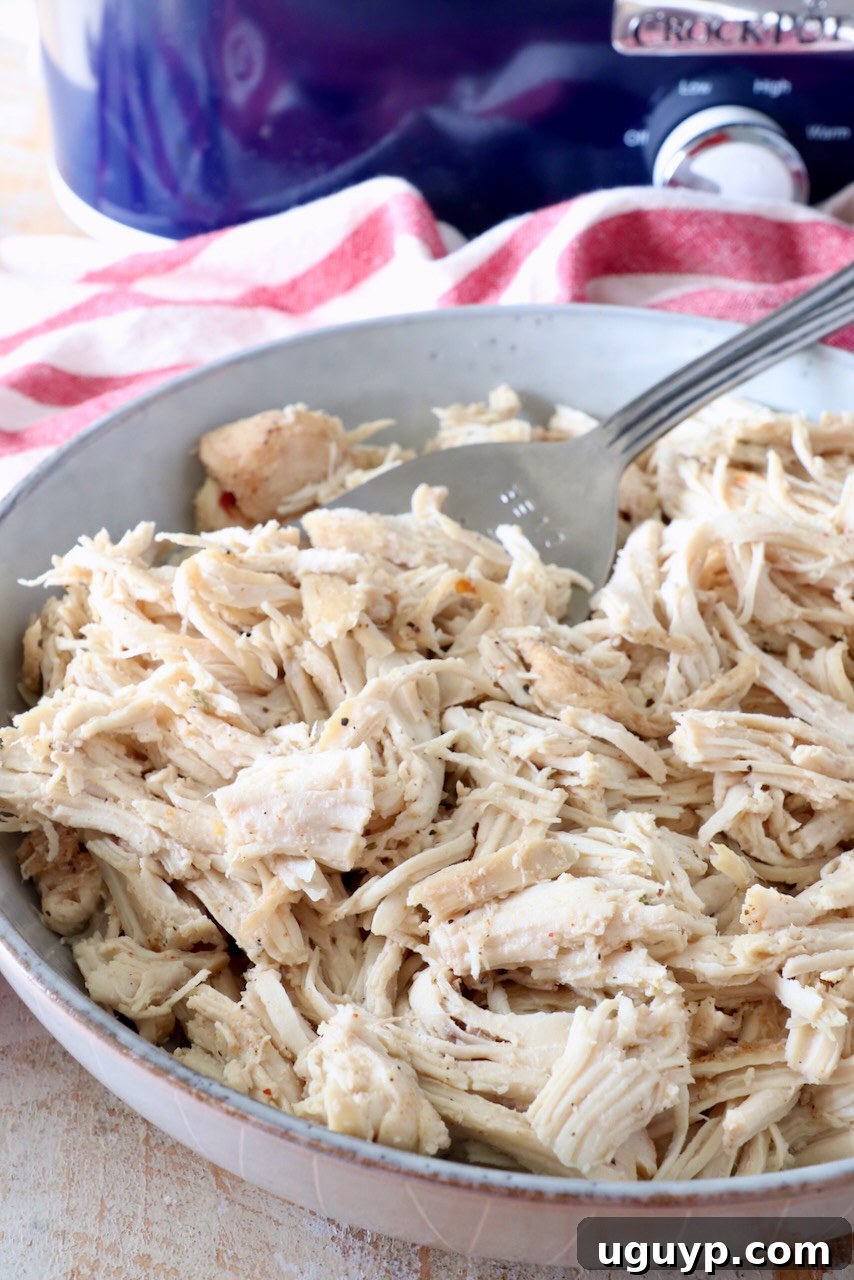 A generous bowl of perfectly shredded slow cooker chicken positioned in front of a Crock Pot, showcasing its readiness for various culinary applications.