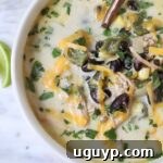 A delicious bowl of Chicken Poblano Soup, creamy and flavorful, ready to be served.