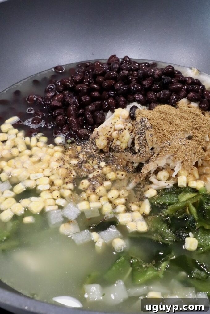 A large pot on the stove, filled with vibrant ingredients like black beans, corn kernels, and roasted poblano peppers, seasoned with spices, ready for the broth.