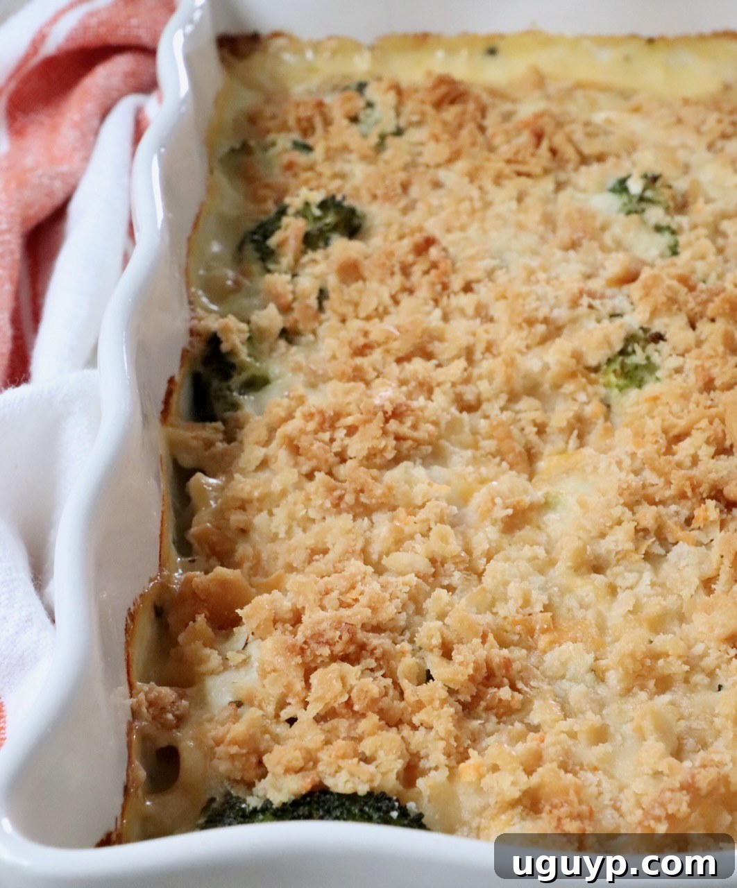 baked casserole with a golden, crunchy cracker topping in a white baking dish, fresh out of the oven