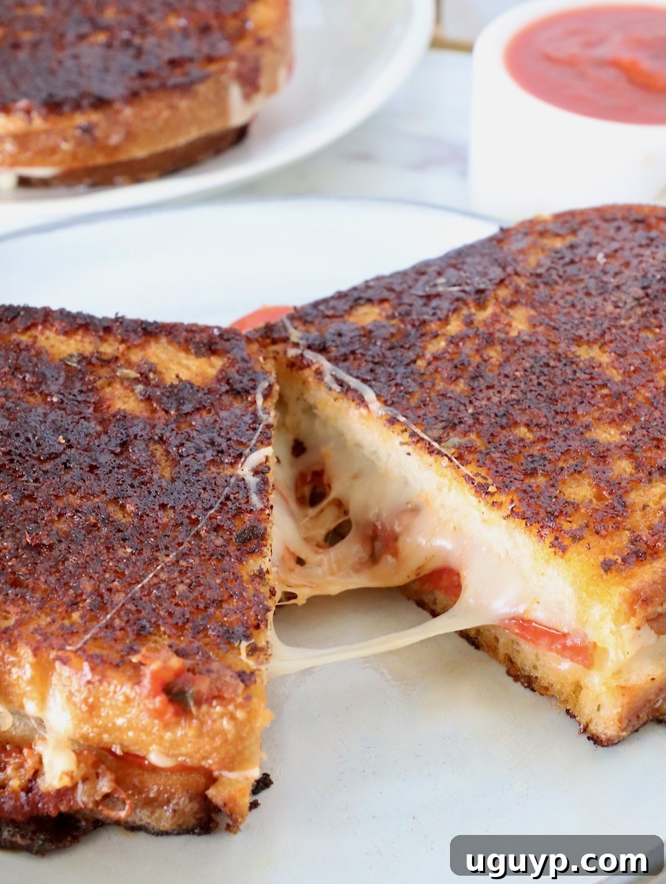 A perfectly golden-brown Pizza Grilled Cheese, cut in half and pulled apart to reveal the melty mozzarella, pepperoni, and rich pizza sauce inside, resting on a white plate.