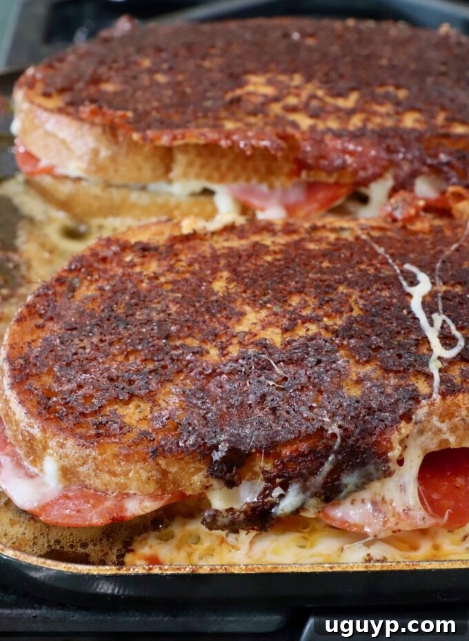 Two perfectly toasted Pizza Grilled Cheese sandwiches, golden and crispy, fresh off the skillet and ready to be removed for serving.
