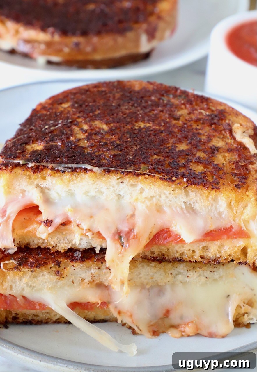Two halves of a Pizza Grilled Cheese sandwich, stacked on a white plate, showcasing the thick, cheesy filling and the golden, crispy crust.