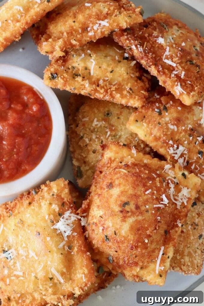 A delectable stack of toasted ravioli arranged neatly on a plate, accompanied by a small side bowl of rich marinara sauce, inviting you to dip.