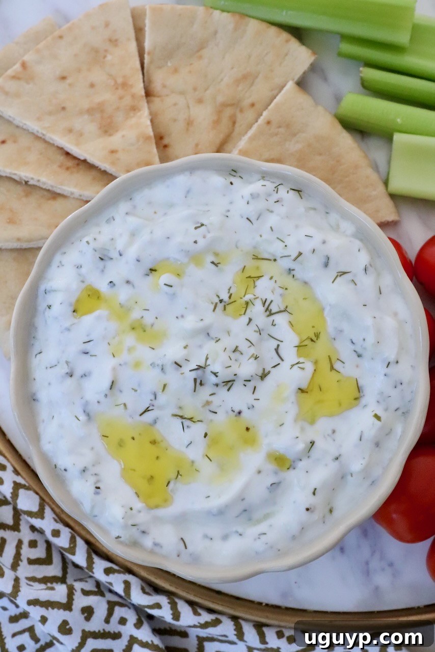A beautifully presented bowl of tzatziki dip, generously drizzled with olive oil, is flanked by perfectly sliced warm pita bread and a colorful assortment of fresh vegetables like cherry tomatoes and cucumber slices, ready for dipping.