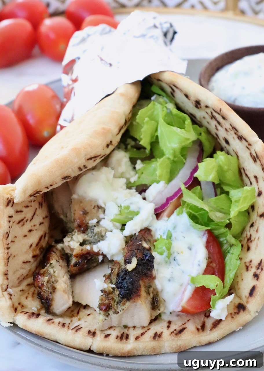 Tender, sliced chicken gyro meat perfectly wrapped in warm pita bread with fresh lettuce, juicy tomatoes, and creamy tzatziki sauce.