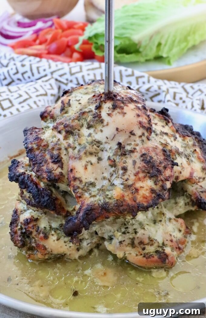 The impressive vertical stack of chicken thighs, now beautifully roasted and golden brown, still on the skewer, having cooked to perfection in the oven.