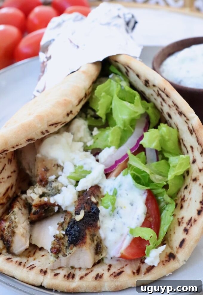 Two perfectly assembled chicken gyros, overflowing with flavorful meat and fresh toppings, presented beautifully on a clean white plate.
