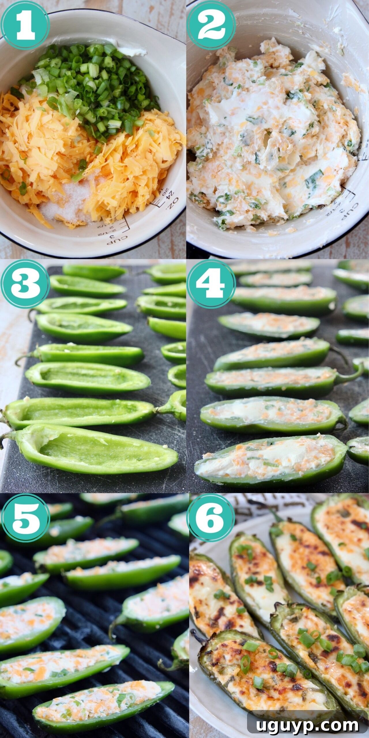 Collage of images showing the process of making grilled jalapeno poppers