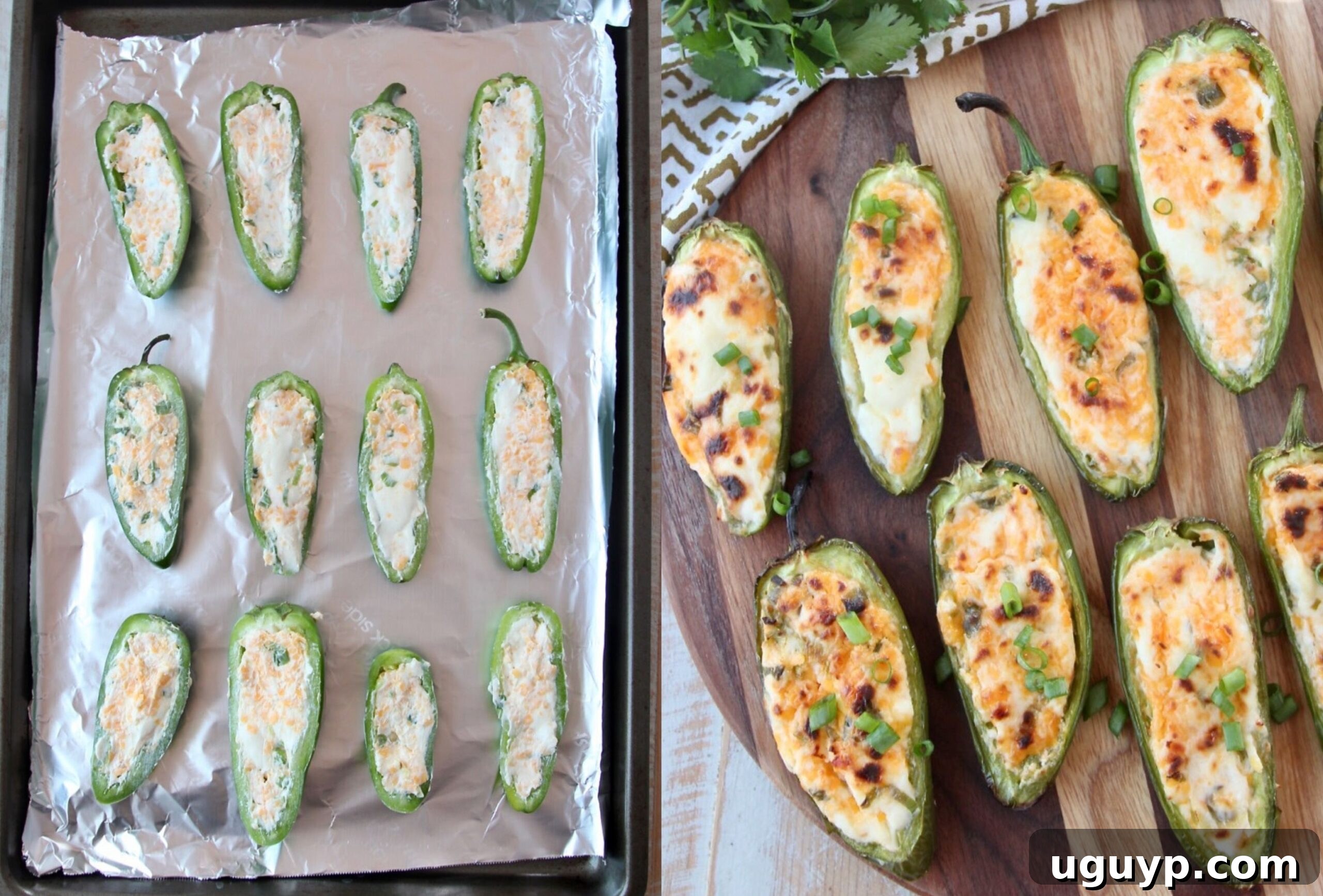 Jalapeno poppers on a foil-lined baking sheet and cooked on a wood cutting board