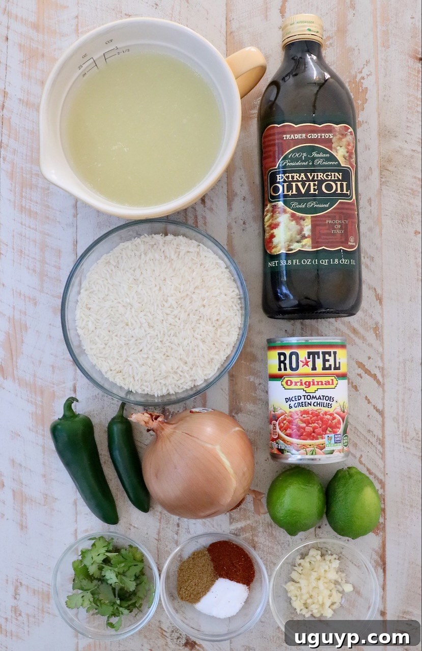 fresh ingredients for Instant Pot Mexican rice on a white wooden board