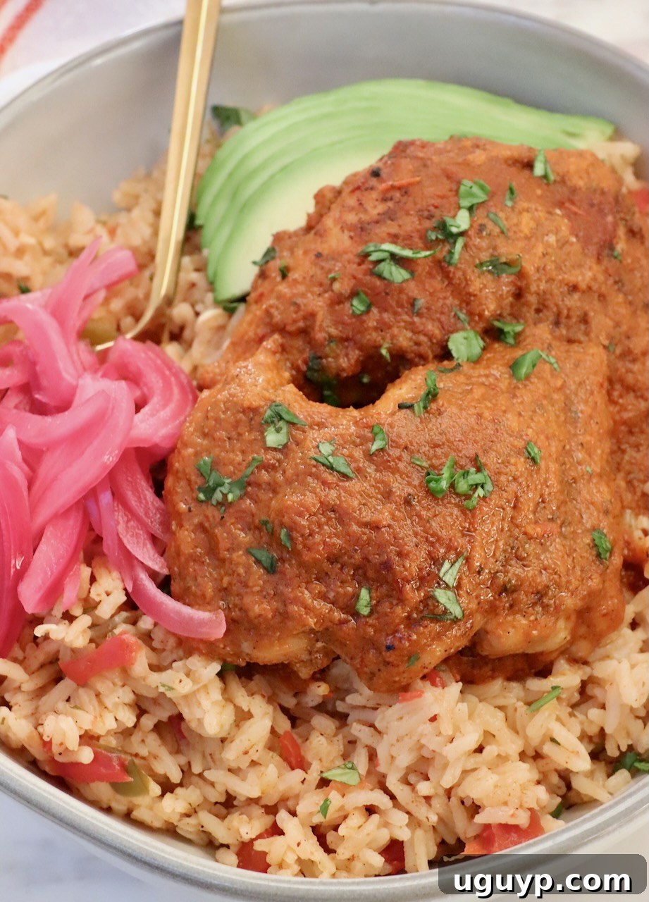 Adobo chicken on top of Mexican rice in a bowl with sliced avocado, pickled onions and a gold fork, showcasing a delicious Mexican meal.