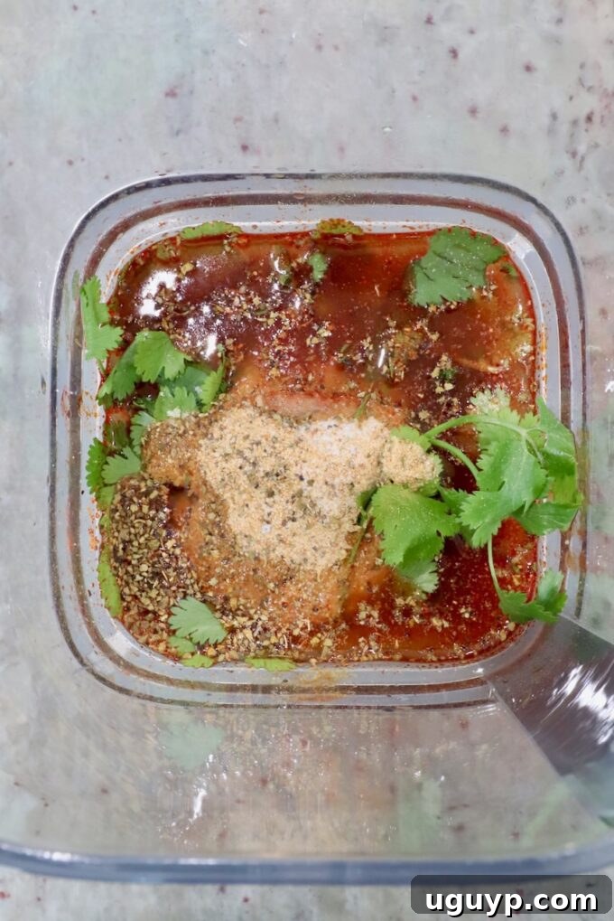 Ingredients for adobo sauce, including chipotle peppers, broth, vinegar, and spices, ready to be blended with fresh cilantro.