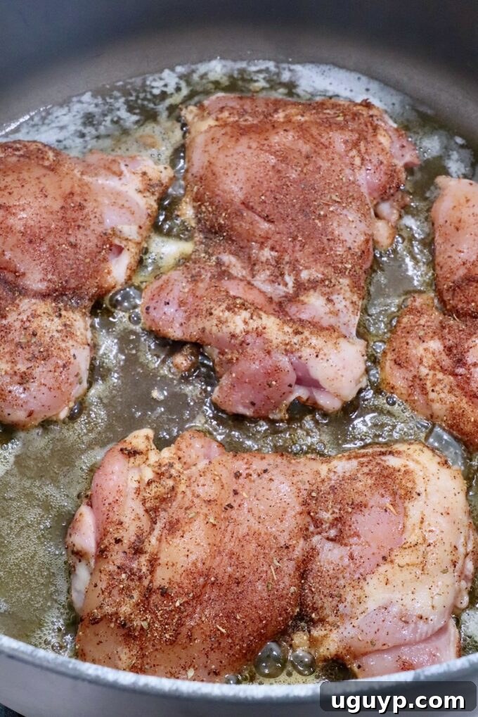 Raw chicken thighs seasoned with adobo and chipotle powder, ready for searing in a large Dutch oven.