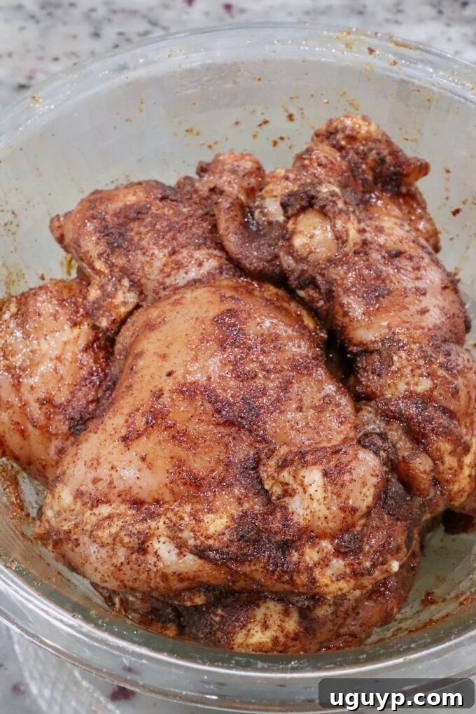 Boneless, skinless chicken thighs coated evenly with a vibrant spice rub, resting in a glass bowl, ready for grilling.