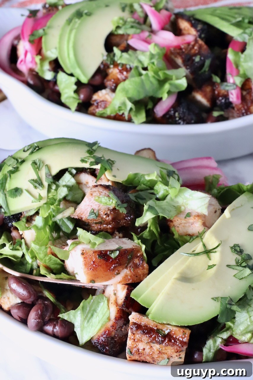 Diced chipotle honey chicken served in burrito bowls with various vegetables like black beans, lettuce, and avocado.