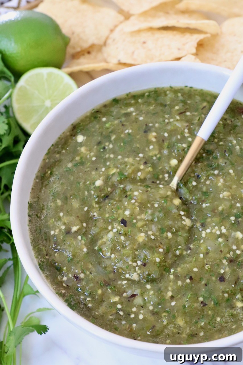 Tomatillo Salsa Verde in a rustic bowl with a spoon, ready to be served.